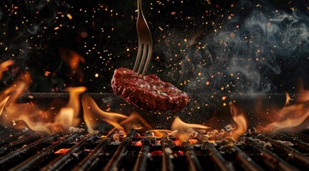 Juicy Steak Soaring Over a Fiery Grill