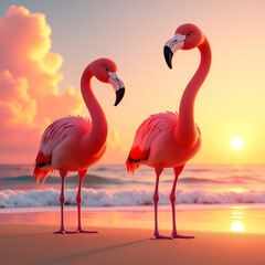 Obraz premium Two Pink Flamingos At Sunset