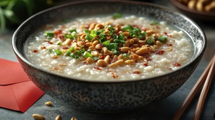 Celebrating Chinese New Year with a Delicious Bowl of Congee Topped with Peanuts