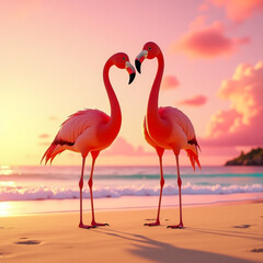 Fototapeta premium Two Pink Flamingos At Sunset