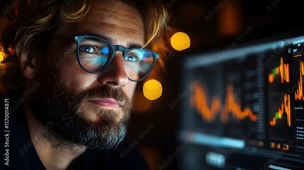 Poster a focused man analyzes stock market data on his computer screen at night. the image is dark with war