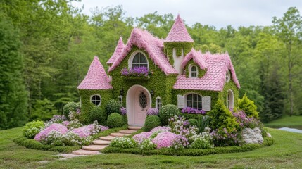 Whimsical pink fairy tale cottage in lush green forest setting