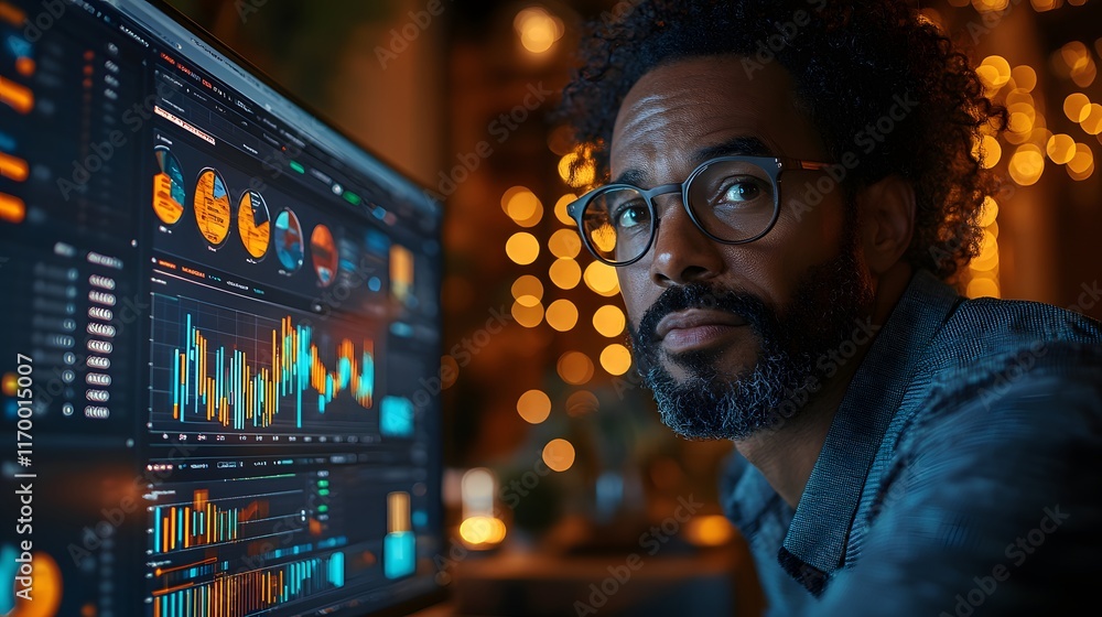 Poster a man intently studies data displayed on a computer screen. the screen shows various charts and grap
