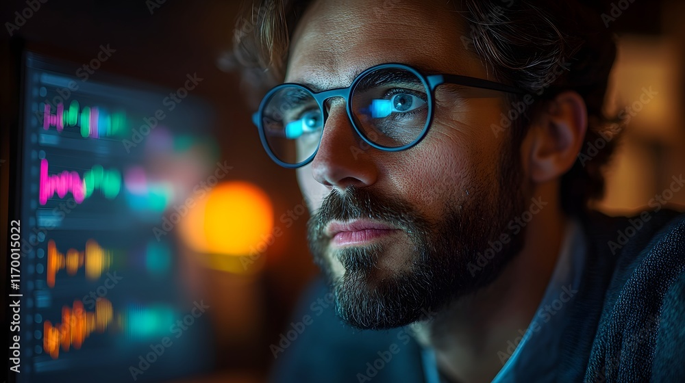 Poster a man intently analyzes data on a computer screen at night. the image evokes focus and dedication. s