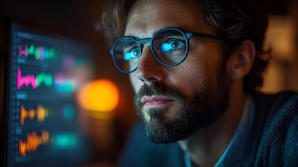 A man intently analyzes data on a computer screen at night. The image evokes focus and dedication. Sales manager analyzing sales data