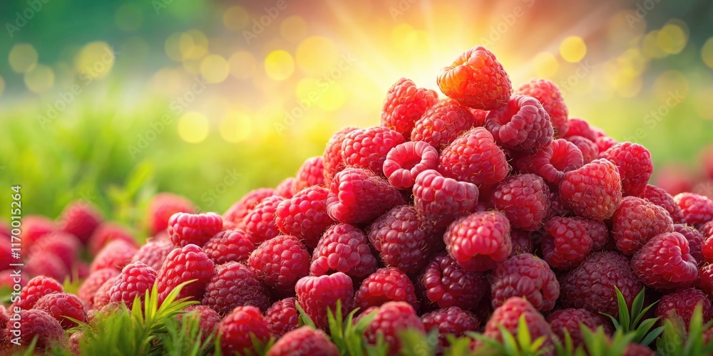 Poster double exposure artistry: a close-up of raspberries, their red hues exploding in a captivating image