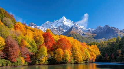 Obraz premium Breathtaking autumn landscape with snow-capped mountains and colorful forest
