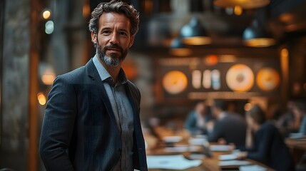 Obraz premium A portrait of a confident businessman in a modern office setting. He stands out against a blurred background of colleagues in a meeting Sales manager leading team meeting