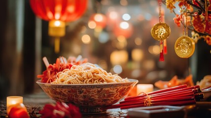 Celebrating Chinese New Year with Long Life Noodles in Porcelain Bowls Festive Atmosphere Gastronomic Delight
