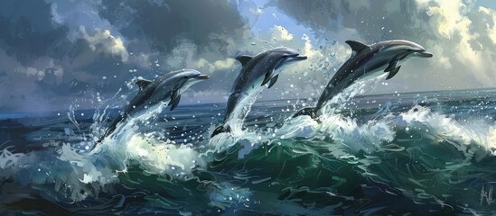 Obraz premium Three Dolphins Leap Through the Waves