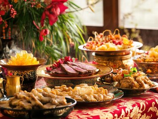 Fototapeta premium Celebrate Chinese New Year with Black Bean Sauce Beef Tenderloin Festive Feast Home Kitchen Culinary Artistry Flavorful Delicacies