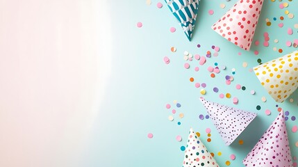 Obraz premium Colorful Party Hats and Confetti Scattered on a Blue Background
