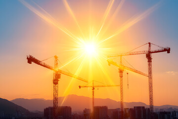 Construction cranes against vibrant sunset urban landscape photography city environment elevated view industrial development