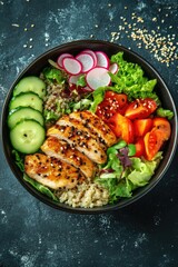 A wholesome salad with chicken breast, garnished with fresh vegetables like red radish. A healthy meal choice for lunch or dinner.