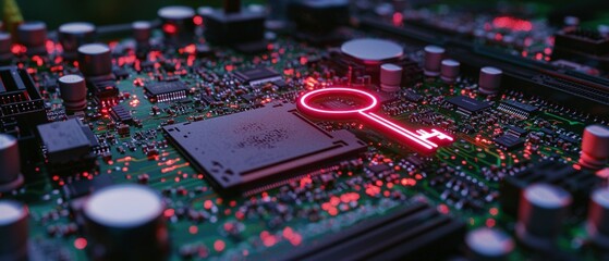 Obraz premium Futuristic Motherboard Security Key to Data Encryption Cybersecurity Technology