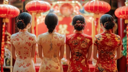 Obraz premium Beautiful women in silk cheongsams standing in front of a decorated stage with red and gold motifs at a Chinese New Year celebration