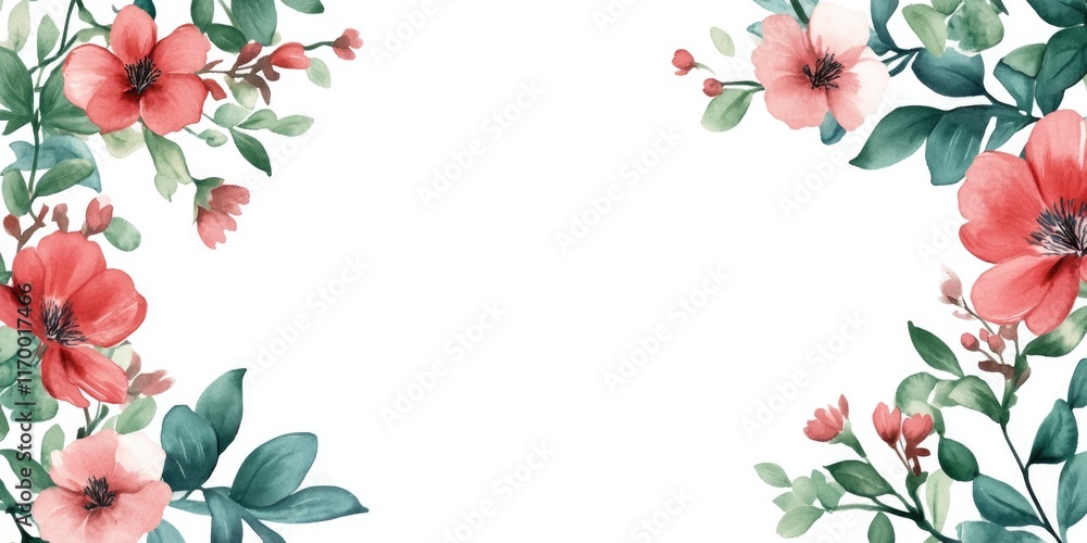 Wall mural white background with a red and green flower border. the flowers are in the center of the image