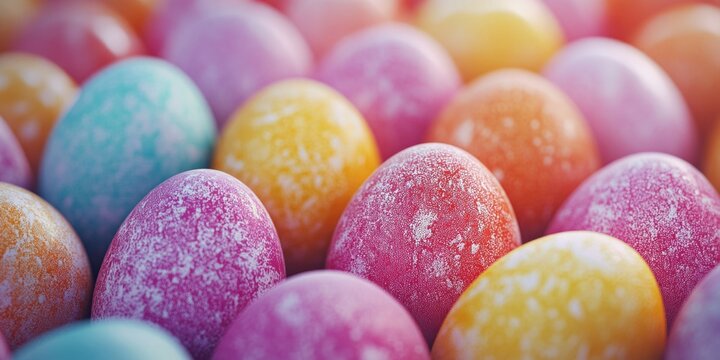 Colorful Easter eggs on top of each other. Holiday candy with vibrant and pastel colors.