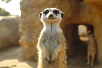 Fototapeta premium Cute meerkat standing upright, looking at camera.