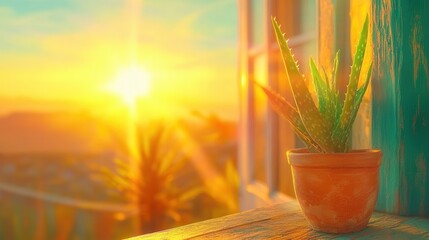Vibrant morning sunlight illuminating aloe vera plant by a rustic window