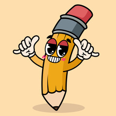 Mascot Groovy trendy retro trippy psychedelic happy pencil character cartoon for element design