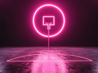 Neon Basketball Hoop Glow in Dark Urban Setting with Reflection