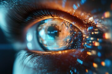 Close up of a person's eye with a blue and orange background. The eye is surrounded by a blurry, pixelated effect, giving it a futuristic and digital appearance