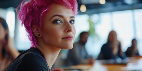 Purple-haired woman in office setting, focused on a discussion.