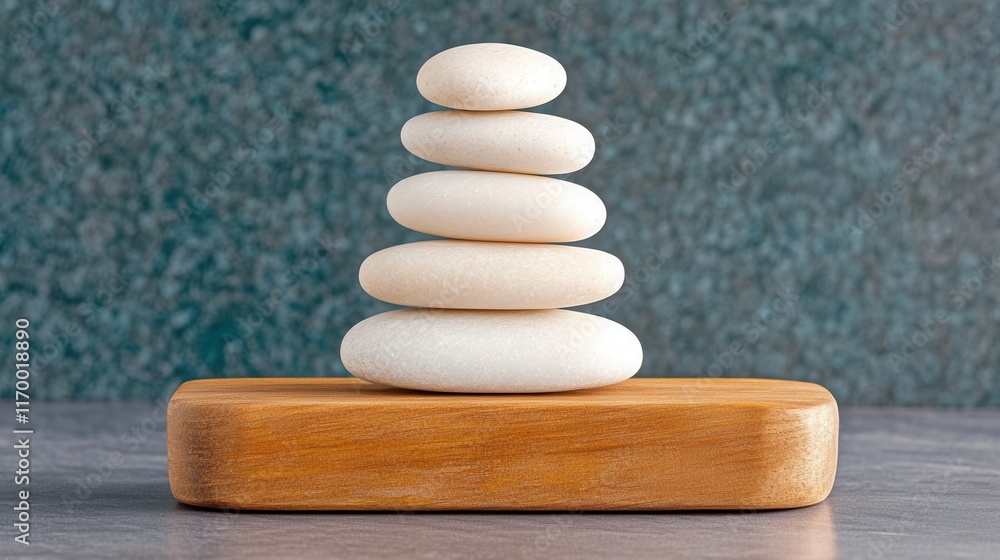 Poster balanced stone stack on wooden block with textured background