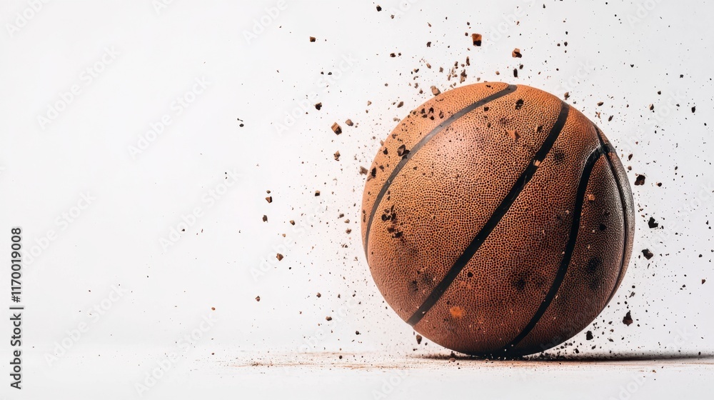 Poster exploding basketball with dust and debris on white background