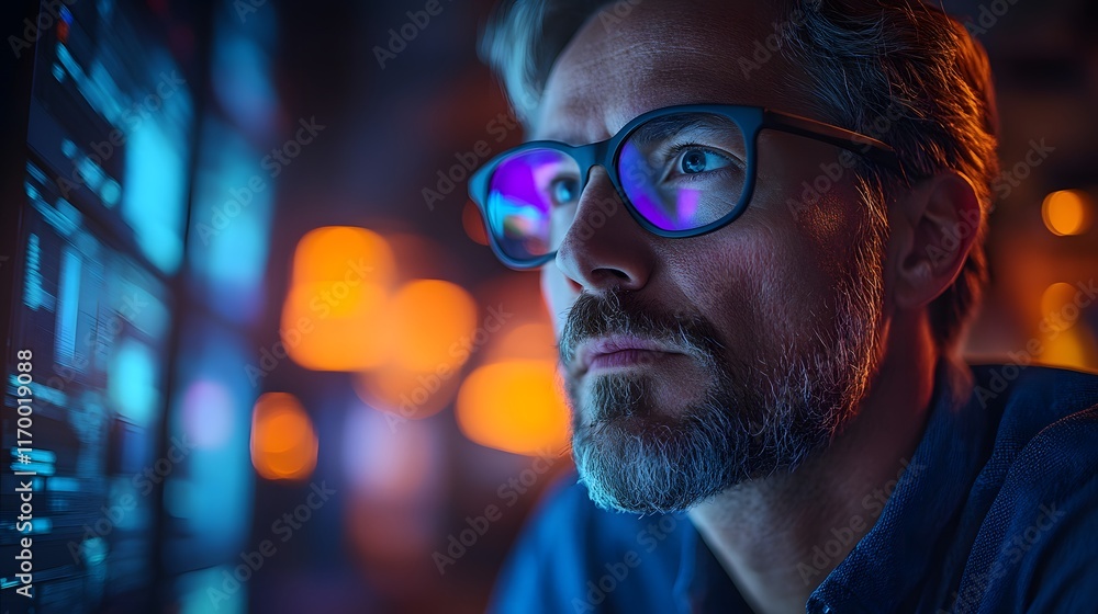 Poster a focused man in glasses looks at a computer screen filled with code. he represents modern technolog
