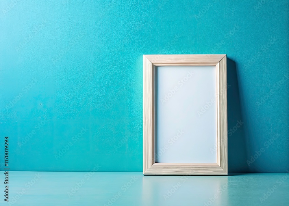 Poster empty frame mockup on a simple light blue background, ideal for clean design and product display tem