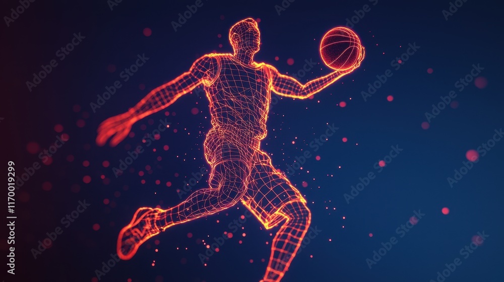 Poster neon basketball player in dynamic pose with 3d wireframe effect