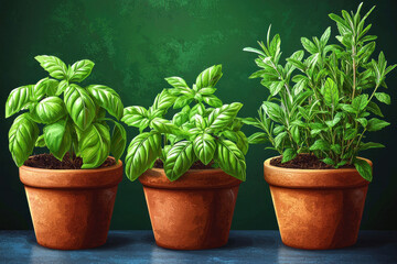 Obraz premium Three potted herbs, basil and rosemary, against a green backdrop.