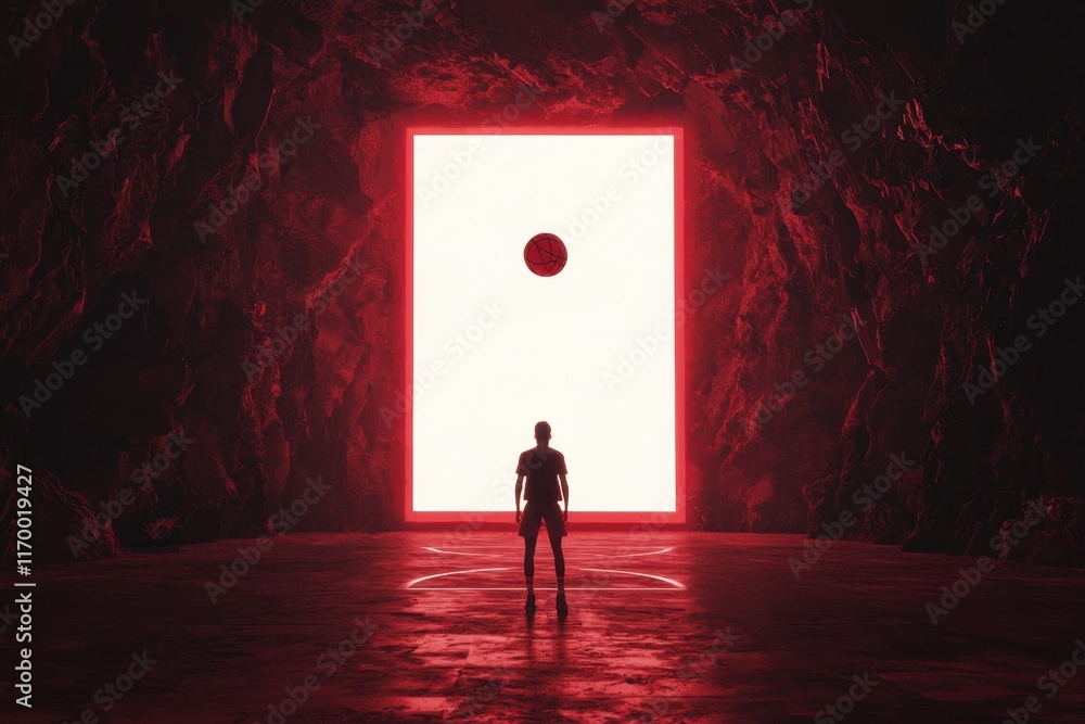 Poster mysterious portal illuminated in red with a silhouette of a figure
