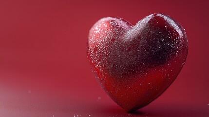 Fototapeta premium Close-up of a heart-shaped gift with a textured red surface and a sparkling silver ribbon, standing out on a plain red background