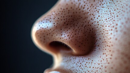 Close-up of a nose with blackheads, pores visibly open, natural skin tone highlighted with a soft light to emphasize the texture