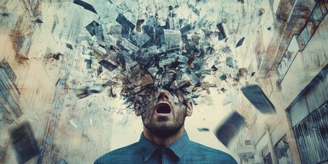 A man amidst a chaotic explosion scene with debris flying around, creating an intense and disordered atmosphere.