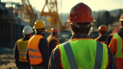 Construction workers standing in a row, their backs to the camera, wearing reflective vests and colorful hard hats, with an industrial crane in the background