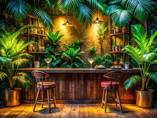 Fototapeta premium Escape to paradise: Martini, vibrant foliage, comfy chairs, and plenty of room for your text.