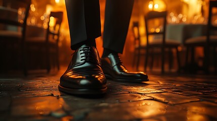 Fototapeta premium A close-up of formal black dress shoes standing on a worn restaurant floor, blurred chairs and tables with wine glasses and dim light fixtures behind, soft warm lighting, ultra-realistic textures,