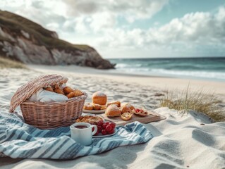 An inviting outdoor picnic setup on a sandy beach with food and beverages, ideal for a relaxing day by the ocean.