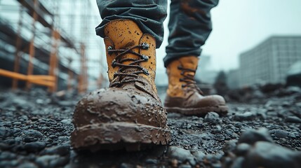 A close-up of heavily worn construction boots covered in dried mud, standing on rocky gravel, blurred scaffolding and a steel frame building in the background,