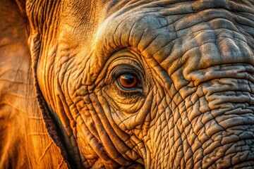 Extreme close-up of an African elephant's textured skin and insightful eye; a low-light wildlife portrait.