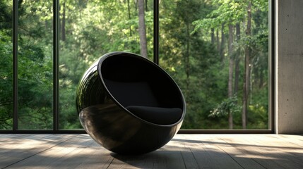 A black modern chair with a unique circular shape, placed on a clean wooden floor. The room features large windows and is set against a serene backdrop of a forest.