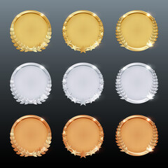 High-Quality 3D Golden, Silver, and Bronze Blank Medals with Laurel Leaves | First, Second, and Third Place Emblems | Premium Vector Badges. Vector.