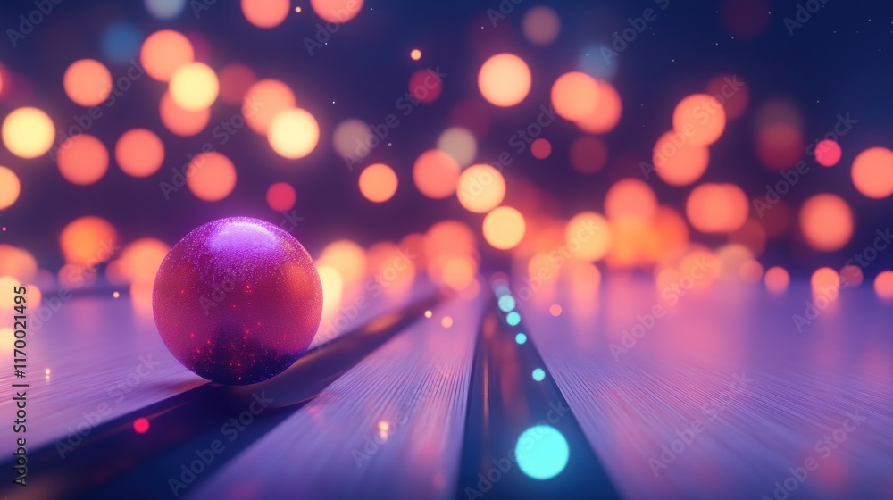 Poster abstract pink sphere rolling on illuminated lines with bokeh background.