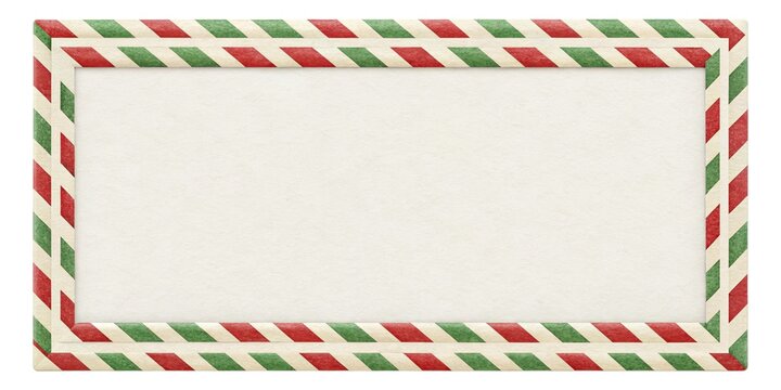 Festive 6x4 airmail envelope cutout. Green and red striped border, minimalist Christmas decoration.