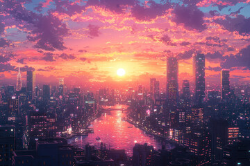 Fototapeta premium Vibrant pink sunset over cityscape with river.