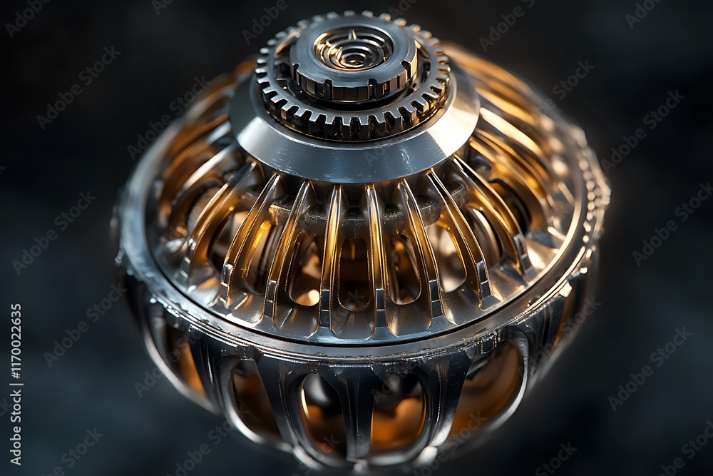 Poster a detailed metallic component with intricate designs and illuminated features.